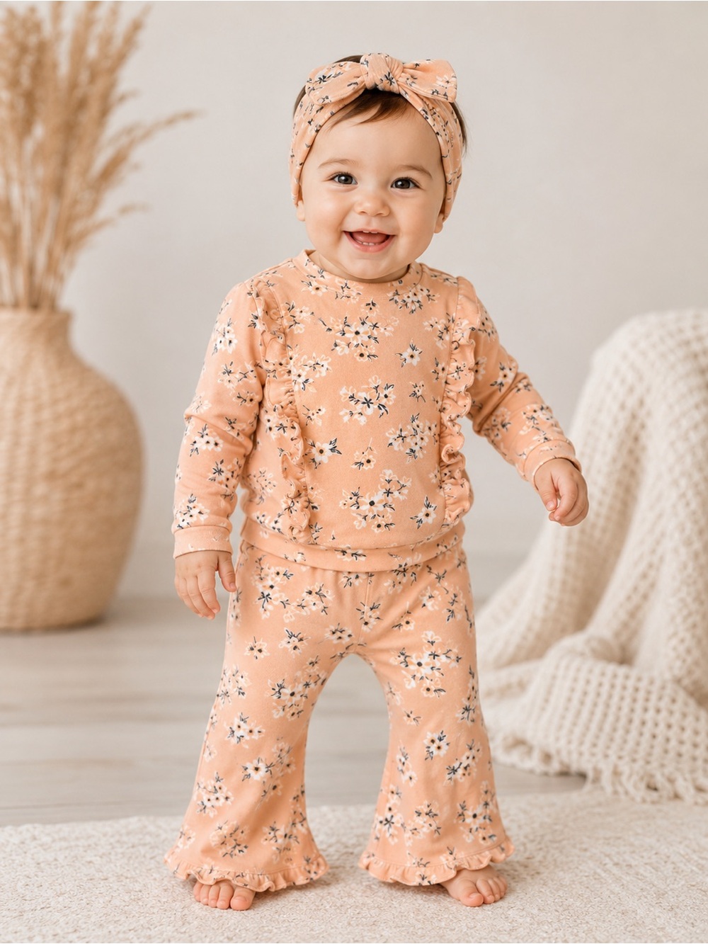 Little Lass Peach Floral Ruffle 12 M baby 3 pieces Set with Headwrap